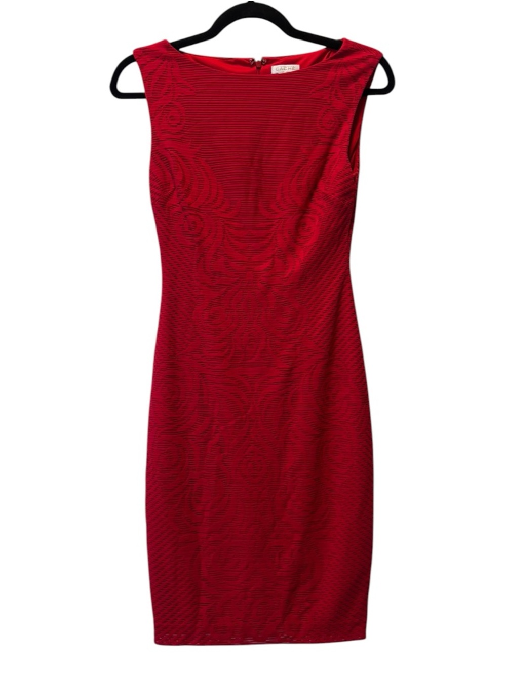 CACHE Sleeveless RedTextured Body Con Midi Sheath Dress—SZ 0